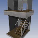 Etude 3D pour un escalier en métal et bois avec rampe et vitrage en partie basse