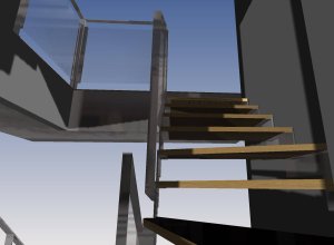 Etude 3D pour un escalier en métal et bois avec rampe et vitrage en partie basse
