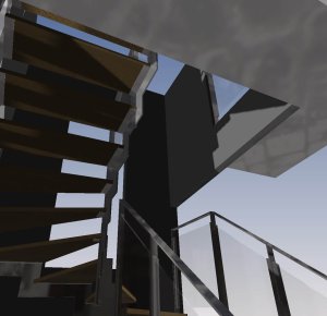 Etude 3D pour un escalier en métal et bois avec rampe et vitrage en partie basse
