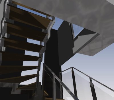 Etude 3D pour un escalier en métal et bois avec rampe et vitrage en partie basse